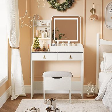 Vanity Set with Lighted Mirror, Charging, 2 Drawers & 4 Shelves