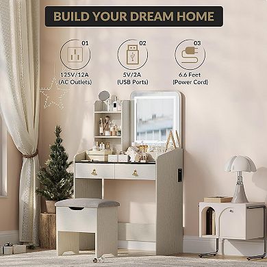 Vanity Set with Lighted Mirror, Charging, 2 Drawers & 4 Shelves