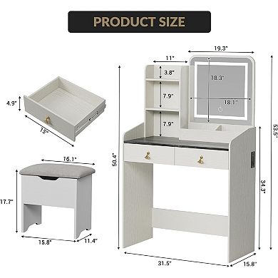 Vanity Set with Lighted Mirror, Charging, 2 Drawers & 4 Shelves