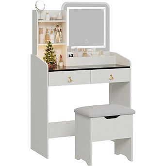 Vanity Set with Lighted Mirror, Charging, 2 Drawers & 4 Shelves