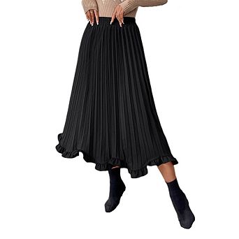 Tiered Ruffle Midi Skirt for Women High Waist with Elastic Band and Full Pleated Skirt