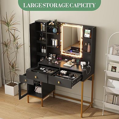 Modern Vanity Table with LED Mirror, Charging & Adjustable Brightness