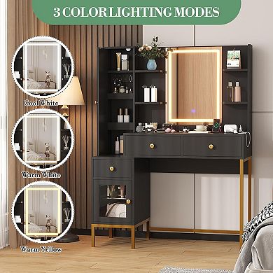 Modern Vanity Table with LED Mirror, Charging & Adjustable Brightness