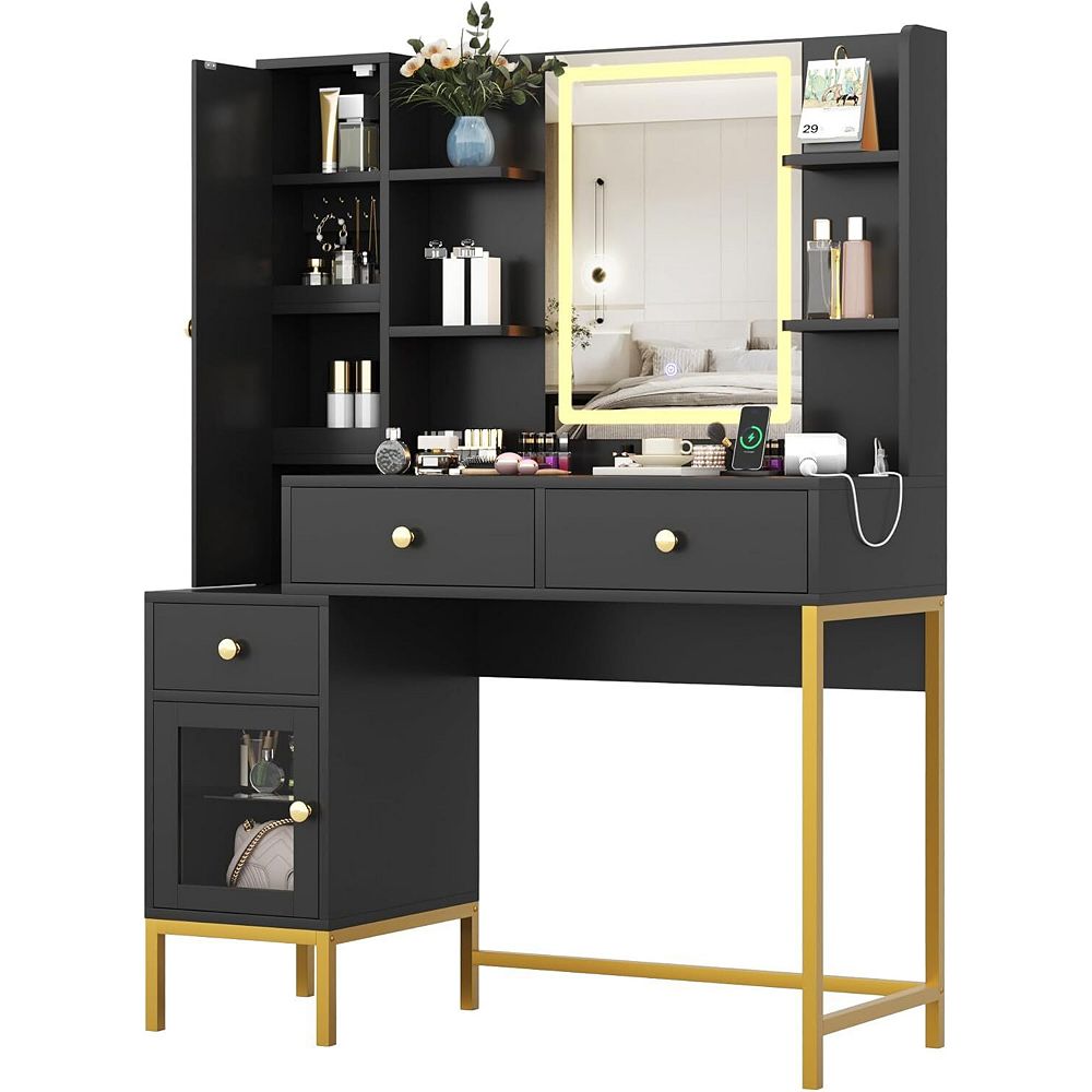 Modern Vanity Table with LED Mirror, Charging & Adjustable Brightness