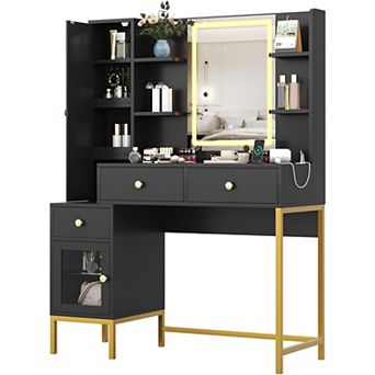 Modern Vanity Table with LED Mirror, Charging & Adjustable Brightness