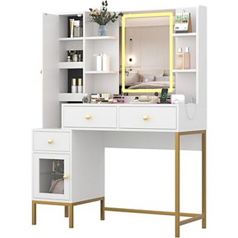 Modern Vanity Table with LED Mirror, Charging & Adjustable Brightness