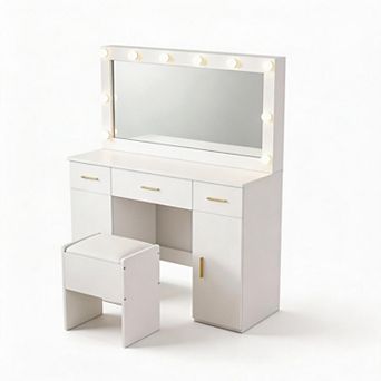 45" Vanity with Large LED Mirror, 3 Drawers, 2 Cabinets, Power & Stool