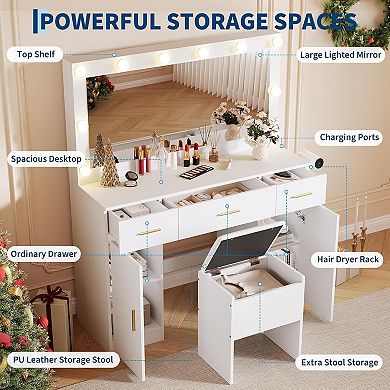 45" Vanity with Large LED Mirror, 3 Drawers, 2 Cabinets, Power & Stool