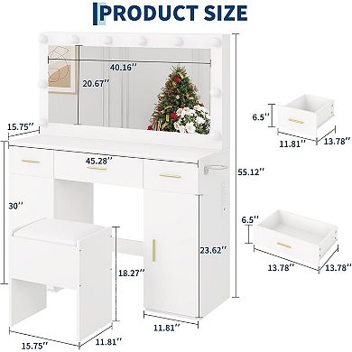 45" Vanity with Large LED Mirror, 3 Drawers, 2 Cabinets, Power & Stool