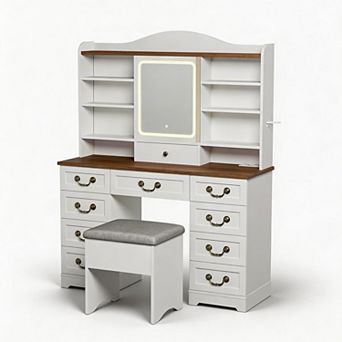 Makeup Vanity Set with 3-Color LED Mirror, Chair, 10 Drawers & 8 Shelves