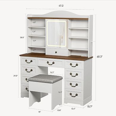 Makeup Vanity Set with 3-Color LED Mirror, Chair, 10 Drawers & 8 Shelves