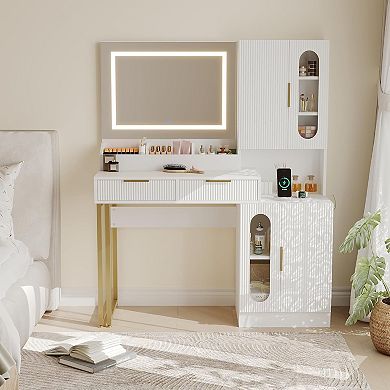 Fluted Wooden Makeup Vanity: LED Mirror, 3 Lights, Charging Station, Drawers & Cabinet