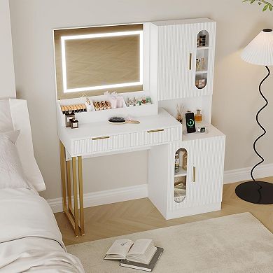 Fluted Wooden Makeup Vanity: LED Mirror, 3 Lights, Charging Station, Drawers & Cabinet