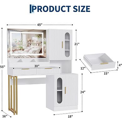 Fluted Wooden Makeup Vanity: LED Mirror, 3 Lights, Charging Station, Drawers & Cabinet