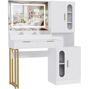 Fluted Wooden Makeup Vanity: LED Mirror, 3 Lights, Charging Station, Drawers & Cabinet