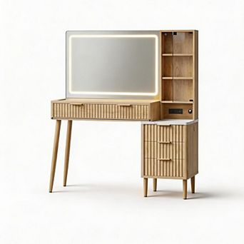 Wooden Vanity Desk w/ Lighted Mirror & Drawers