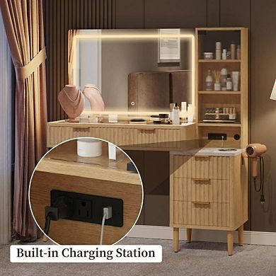 Wooden Vanity Desk w/ Lighted Mirror & Drawers