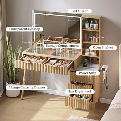 Wooden Vanity Desk w/ Lighted Mirror & Drawers
