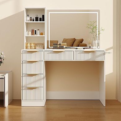 52" Fluted Vanity with 6 Drawers, Lighted Mirror & Charging