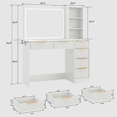 52" Fluted Vanity with 6 Drawers, Lighted Mirror & Charging