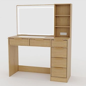 52" Fluted Vanity with 6 Drawers, Lighted Mirror & Charging