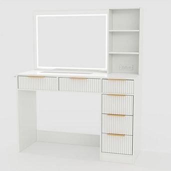 52" Fluted Vanity with 6 Drawers, Lighted Mirror & Charging