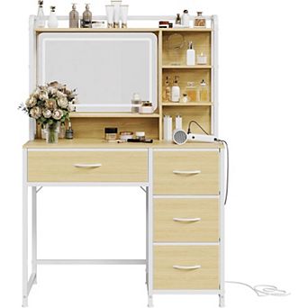 35.4" Modern Vanity with LED Mirror, 4 Fabric Drawers, Shelves & 3 Light Modes