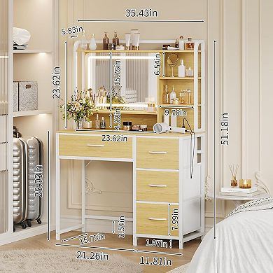 35.4" Modern Vanity with LED Mirror, 4 Fabric Drawers, Shelves & 3 Light Modes