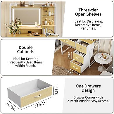 35.4" Modern Vanity with LED Mirror, 4 Fabric Drawers, Shelves & 3 Light Modes