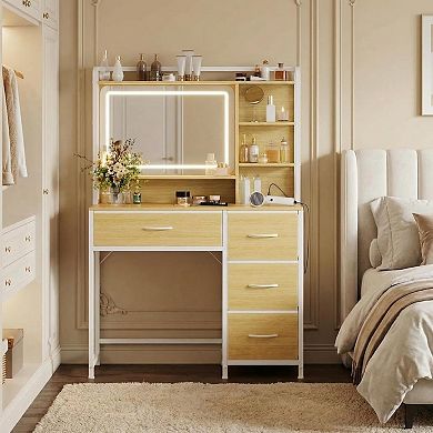 35.4" Modern Vanity with LED Mirror, 4 Fabric Drawers, Shelves & 3 Light Modes