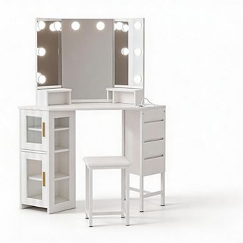 Corner Makeup Vanity with LED Mirror, Outlets, Stool & Storage