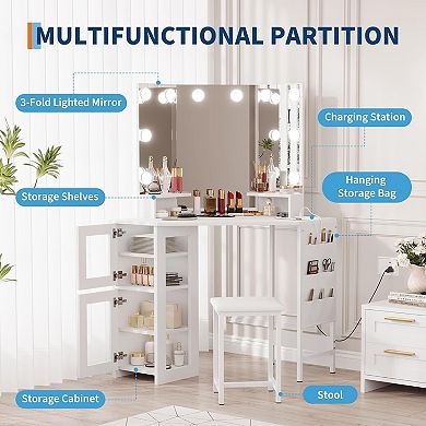 Corner Makeup Vanity with LED Mirror, Outlets, Stool & Storage
