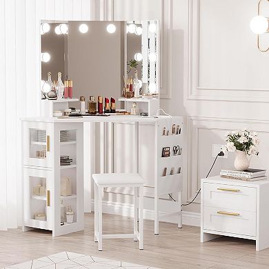 Corner Makeup Vanity with LED Mirror, Outlets, Stool & Storage