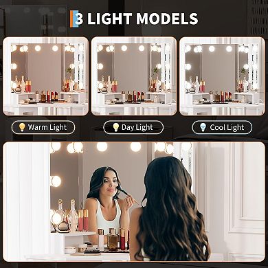 Corner Makeup Vanity with LED Mirror, Outlets, Stool & Storage