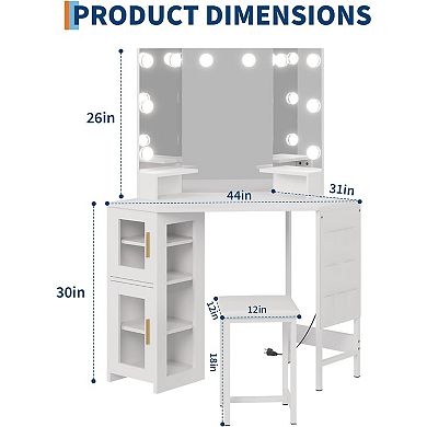 Corner Makeup Vanity with LED Mirror, Outlets, Stool & Storage