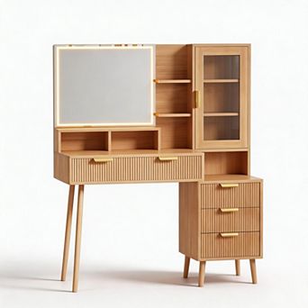 Fluted Dressing Table with LED Mirror, 3 Modes, Outlet, 5 Drawers & Multi Shelves