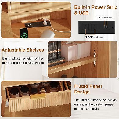 Fluted Dressing Table with LED Mirror, 3 Modes, Outlet, 5 Drawers & Multi Shelves