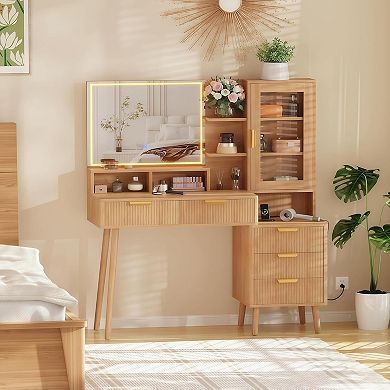 Fluted Dressing Table with LED Mirror, 3 Modes, Outlet, 5 Drawers & Multi Shelves