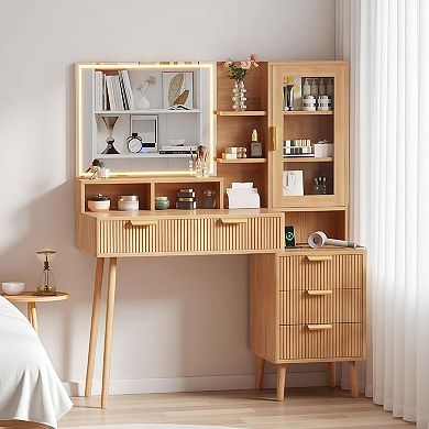 Fluted Dressing Table with LED Mirror, 3 Modes, Outlet, 5 Drawers & Multi Shelves