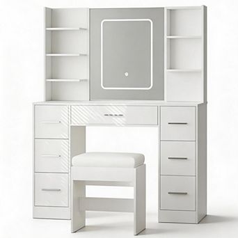 43" LED Makeup Vanity Set: 7 Drawers, Open Shelves, Power Outlets & Mirror