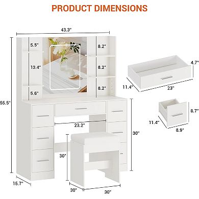 43" LED Makeup Vanity Set: 7 Drawers, Open Shelves, Power Outlets & Mirror