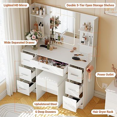 43" LED Makeup Vanity Set: 7 Drawers, Open Shelves, Power Outlets & Mirror