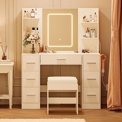 43" LED Makeup Vanity Set: 7 Drawers, Open Shelves, Power Outlets & Mirror