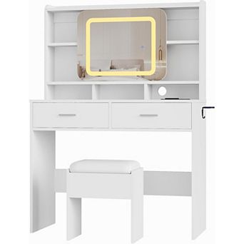 Vanity Desk & Stool Set, LED Mirror, 2 Drawers, Charging