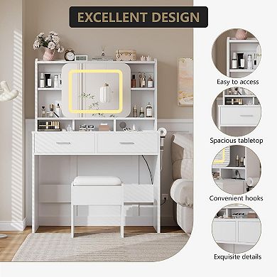 Vanity Desk & Stool Set, LED Mirror, 2 Drawers, Charging