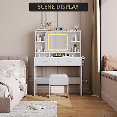 Vanity Desk & Stool Set, LED Mirror, 2 Drawers, Charging