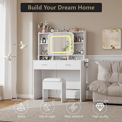 Vanity Desk & Stool Set, LED Mirror, 2 Drawers, Charging