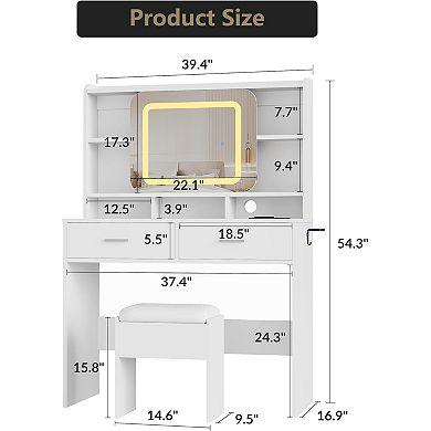 Vanity Desk & Stool Set, LED Mirror, 2 Drawers, Charging
