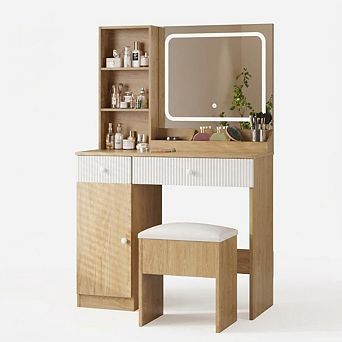 Natural Vanity Table with Lighted Mirror, Charging Station & Storage Stool