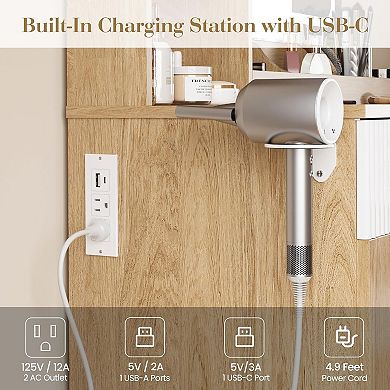 Natural Vanity Table with Lighted Mirror, Charging Station & Storage Stool